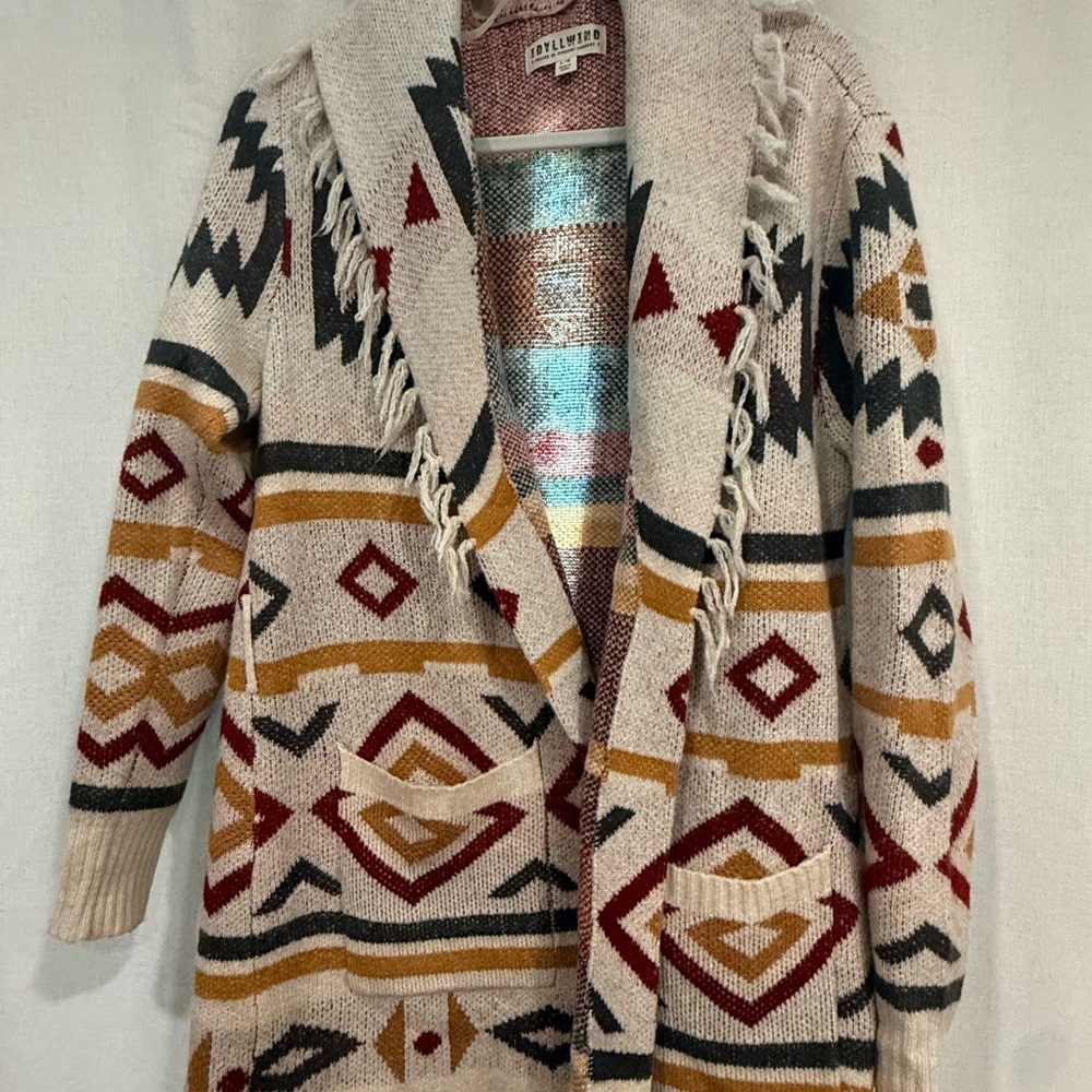 Idyllwind Cream Aztec Fringe Open-Front Cardigan with Rust and Mustard Accents